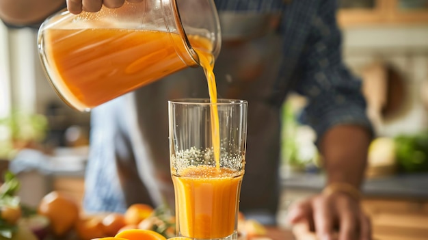 a glass of orange juice being poured into a glass