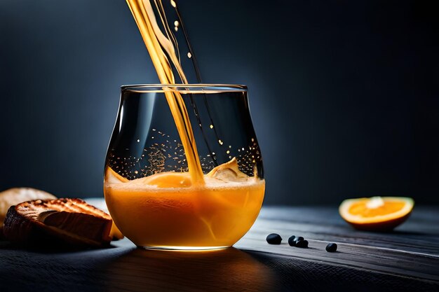 オレンジジュースのグラスがグラスに注がれています