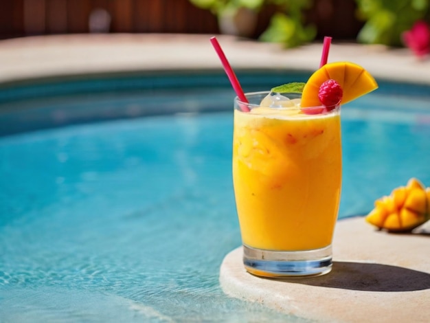 Photo a glass of orange juice next to a blue pool