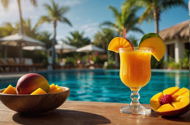 Photo a glass of orange juice next to a bowl of fruit