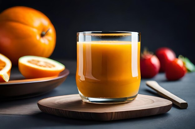 a glass of orange juice next to a bowl of orange juice.