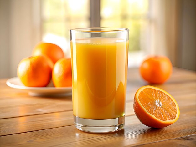 a glass of orange juice next to a bowl of oranges