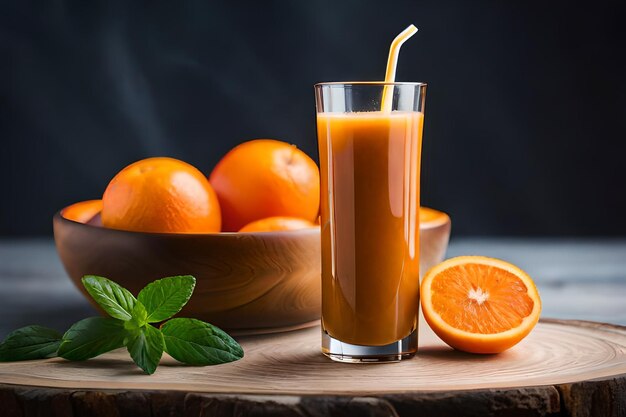 a glass of orange juice and a bowl of oranges.