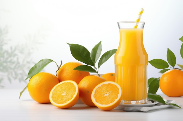 A glass of orange juice in a bright kitchen