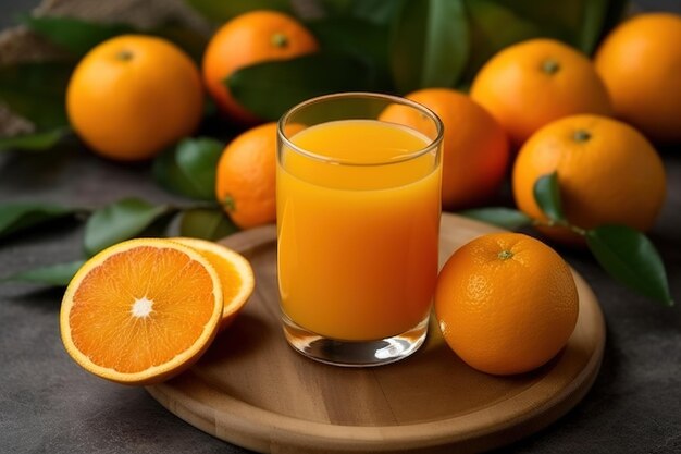 オレンジの束の横にあるオレンジ ジュースのグラス。