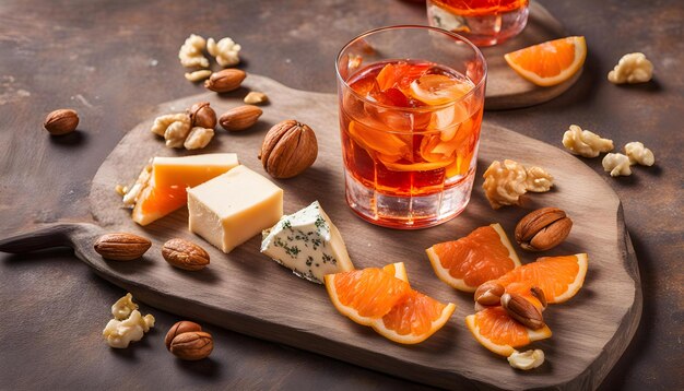 Photo a glass of orange juice and cheese and nuts on a cutting board