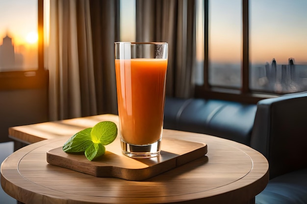 A glass of orange juice on a coaster next to a window with a green leaf on it.