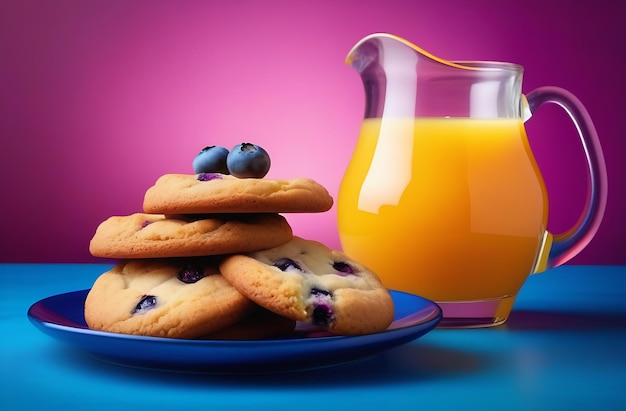 Foto un bicchiere di biscotti di succo d'arancia con bacche su un piatto sul tavolo su uno sfondo blu