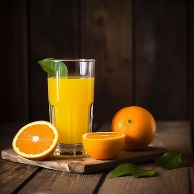 Glass of orange juice and fresh oranges Generative AI