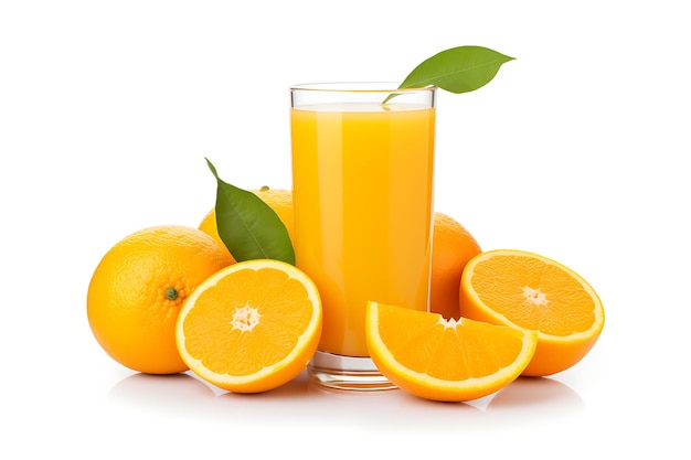 Glass of orange juice and fruits isolated on white background