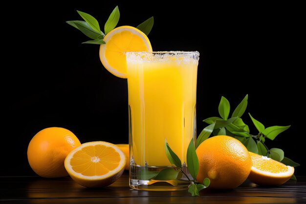 オレンジで飾られたオレンジジュースのグラス