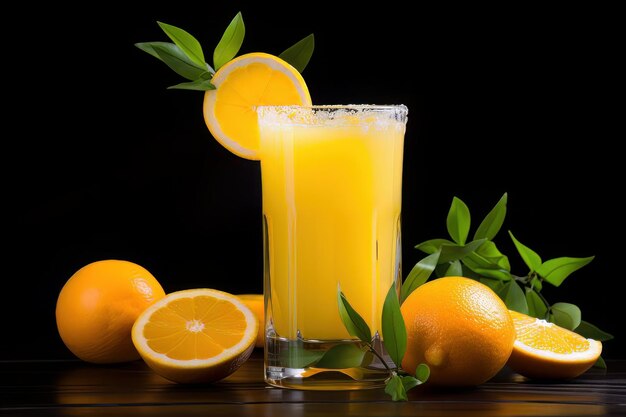 A glass of orange juice garnished with orange