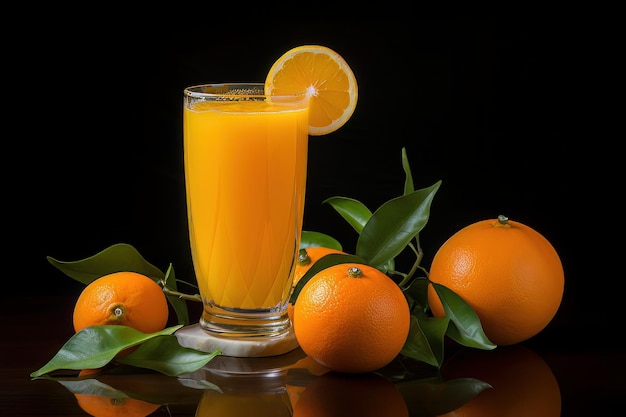 A glass of orange juice garnished with orange