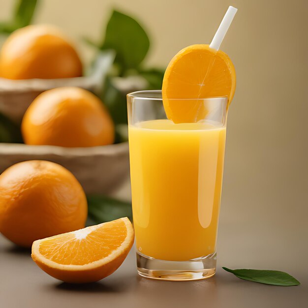 オレンジジュースの隣にオレンジジュスのグラス