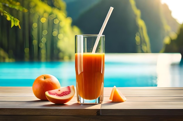 A glass of orange juice next to a grapefruit and a grapefruit