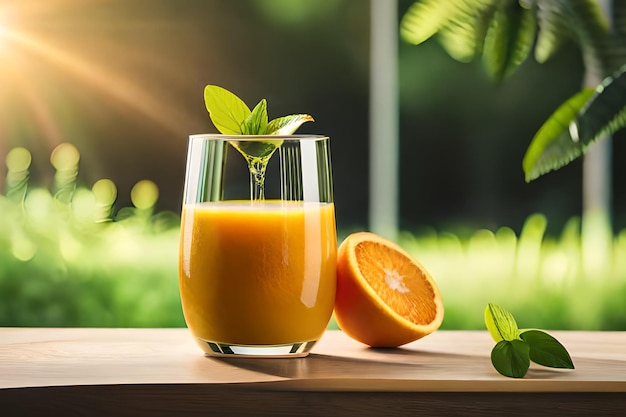 A glass of orange juice next to a half of an orange