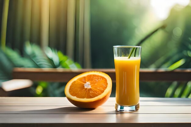 a glass of orange juice and a half of an orange.