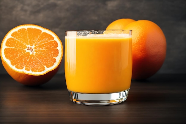 A glass of orange juice next to a half orange.