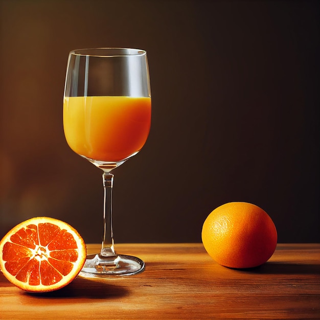 A glass of orange juice and a half of oranges on a wooden table.