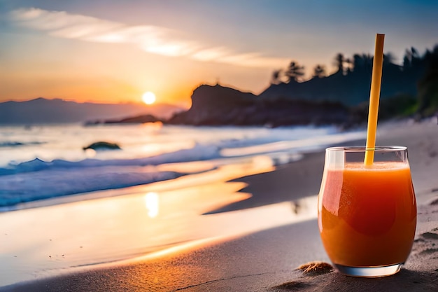 A glass of orange juice is on a beach with a sunset in the background