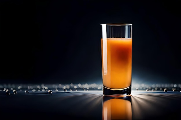 a glass of orange juice is on a black background.