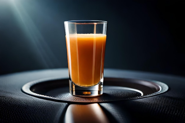 Photo a glass of orange juice is on a black mat.