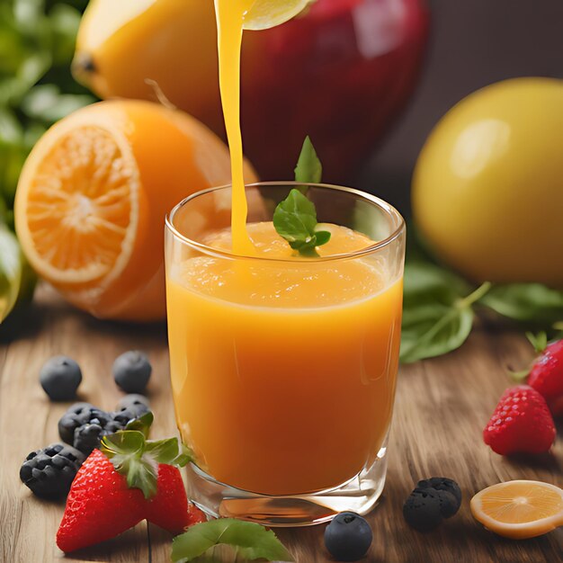 a glass of orange juice is filled with fruit and strawberries