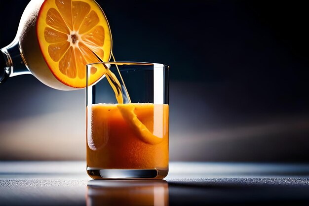 a glass of orange juice is filled with orange juice.