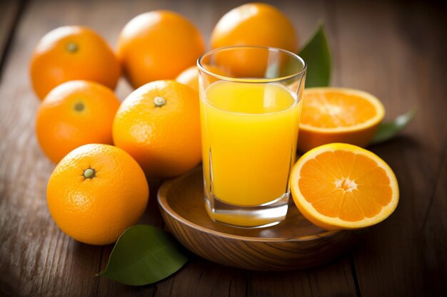 Photo a glass of orange juice is filled with oranges and a glass of orange juice.