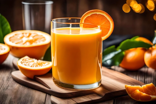 オレンジジュースのグラスがテーブルにあります
