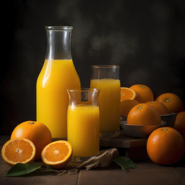 A glass of orange juice is next to two glasses of orange juice.