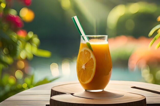 a glass of orange juice is on a wooden table.