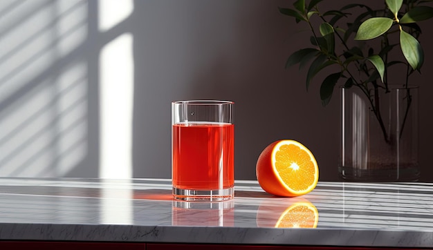 a glass of orange juice next to a kitchen sink in the style of rendered in cinema4d