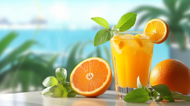 A glass of orange juice on nature background vacation relaxation concept copy space Generated AI