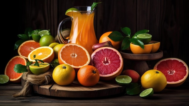 A glass of orange juice and orange juice in a glass jug with fresh fruits on wooden table Orange juice and fresh fruits still life