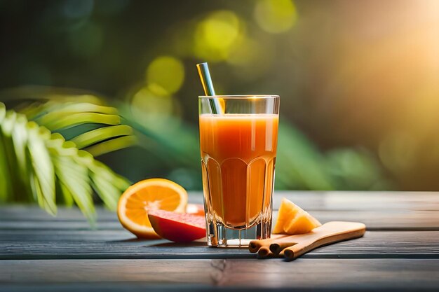 a glass of orange juice and an orange on a wooden table.