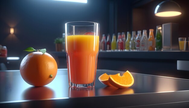 a glass of orange juice next to an orange