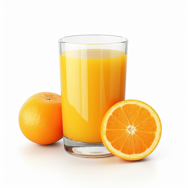 Стакан апельсинового сока рядом с апельсином.