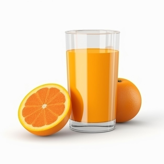 Стакан апельсинового сока рядом с апельсином.