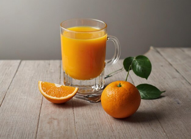 A glass of orange juice next to an orange