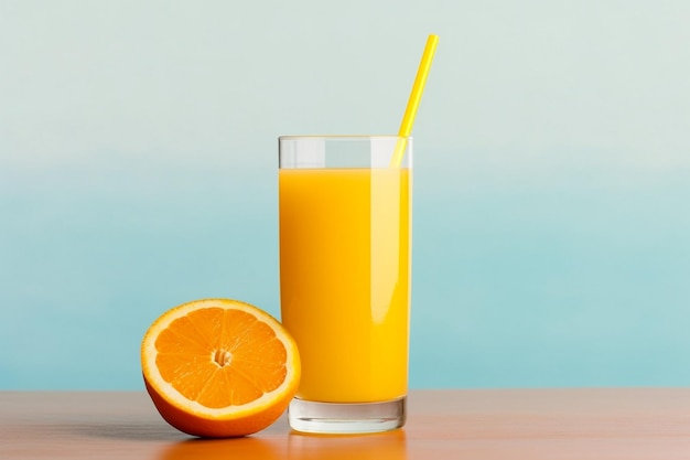 A glass of orange juice and an orange