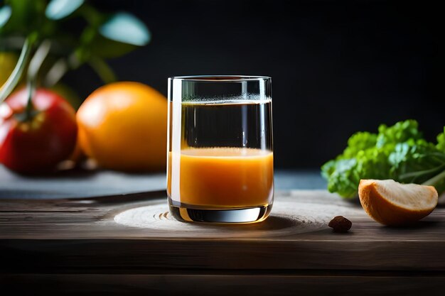 A glass of orange juice next to an orange