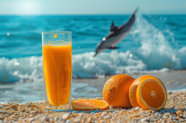 Glass of orange juice and oranges on beach dolphin fin in background