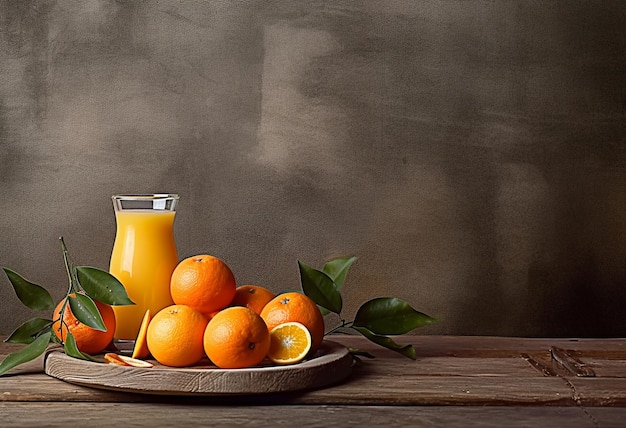 A glass of orange juice and oranges on light stone background Fresh summer orange lemonade