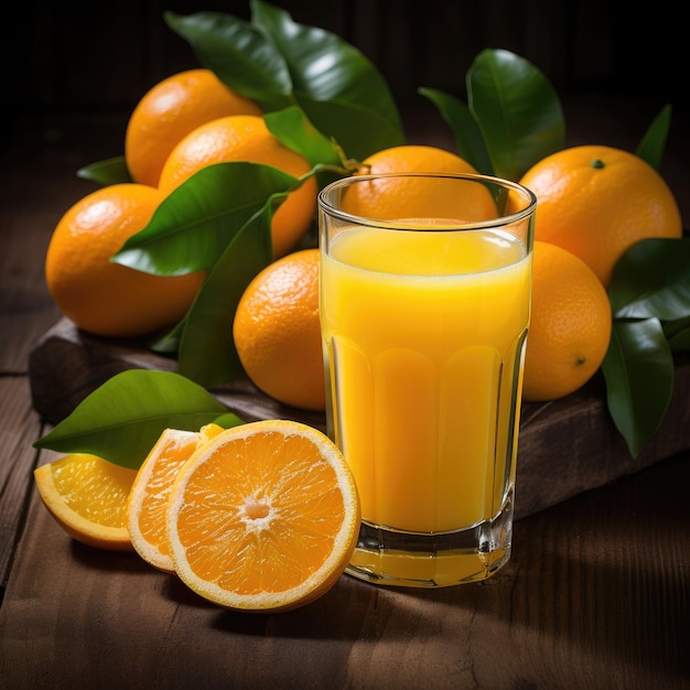 오렌지 옆에 오렌지 주스 한 잔
