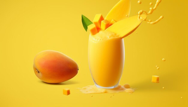 A glass of orange juice and a peach on a yellow background.