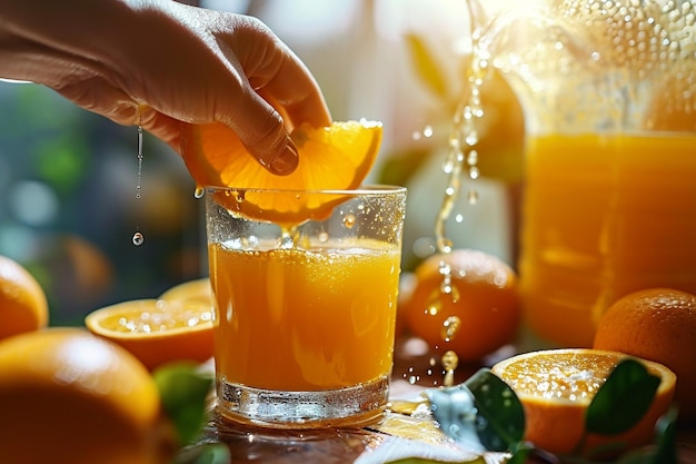 Photo glass of orange juice and a person squeezing an orange in it
