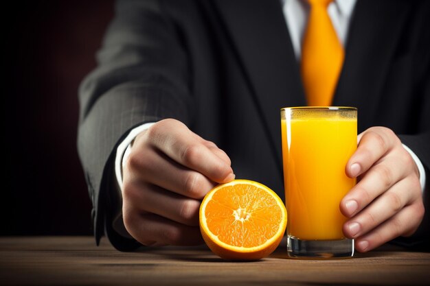 Photo glass of orange juice and a person squeezing an orange in it