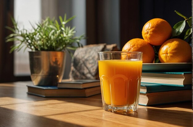 A glass of orange juice placed next to a stack of