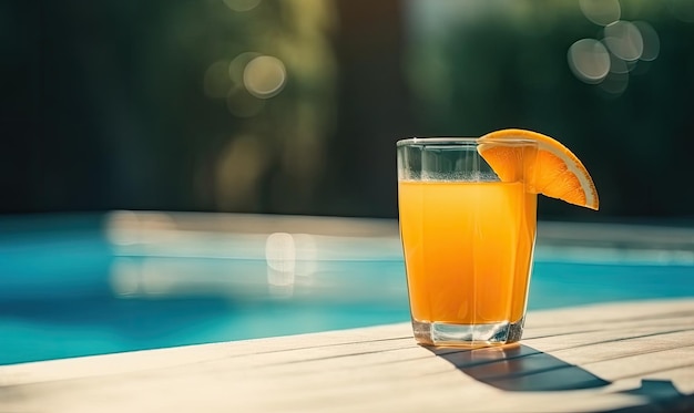 A glass of orange juice next to a poolwater generative AI